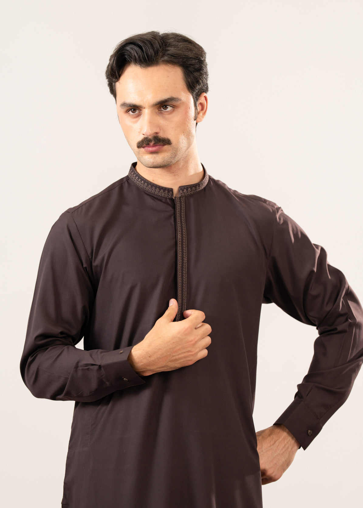 Formal Dark Brown Kurta Shalwar - Collar Neck Embroidered - Men - Men
