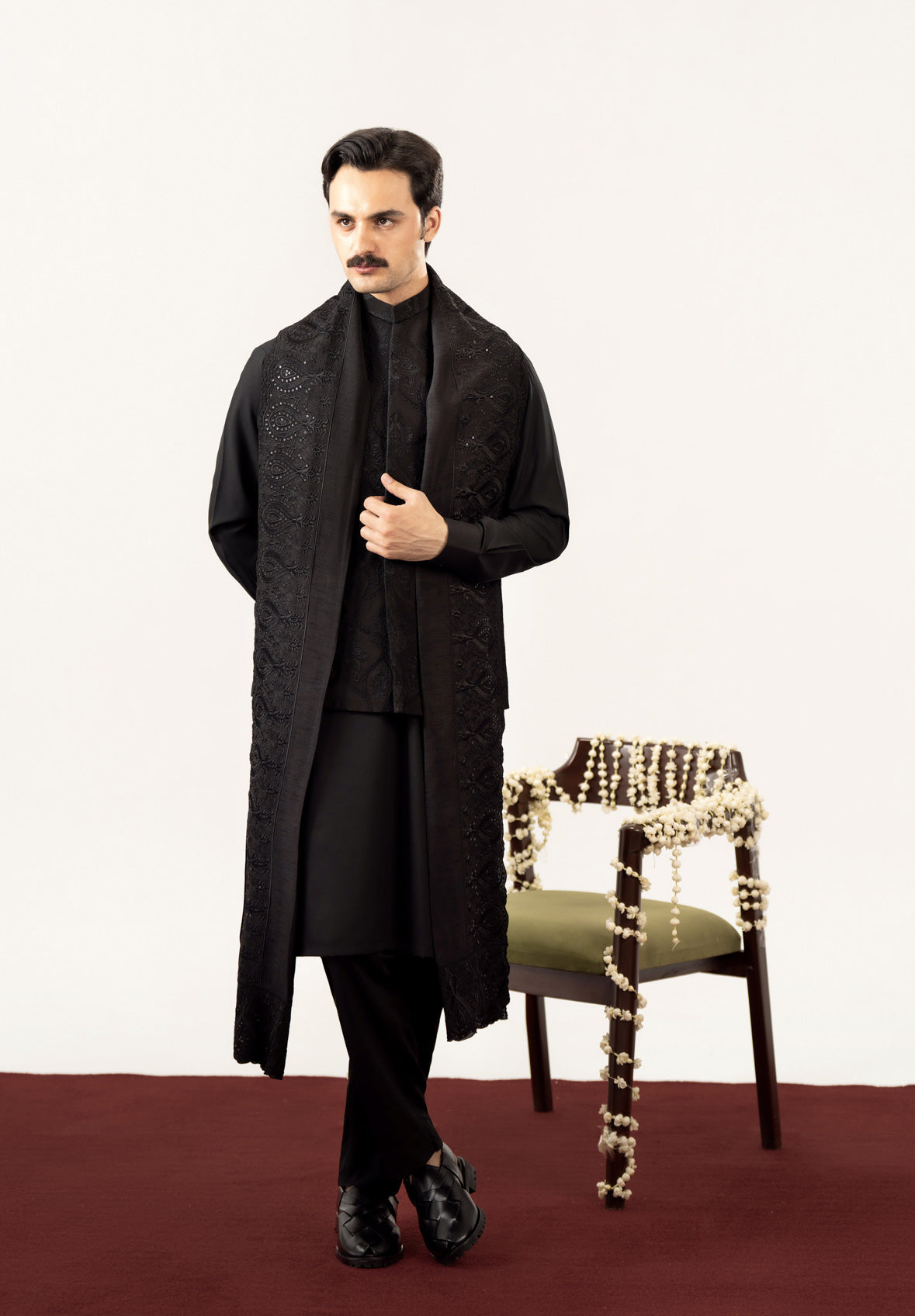 Black Kurta Trouser with Embroidered Waistcoat - 3PC