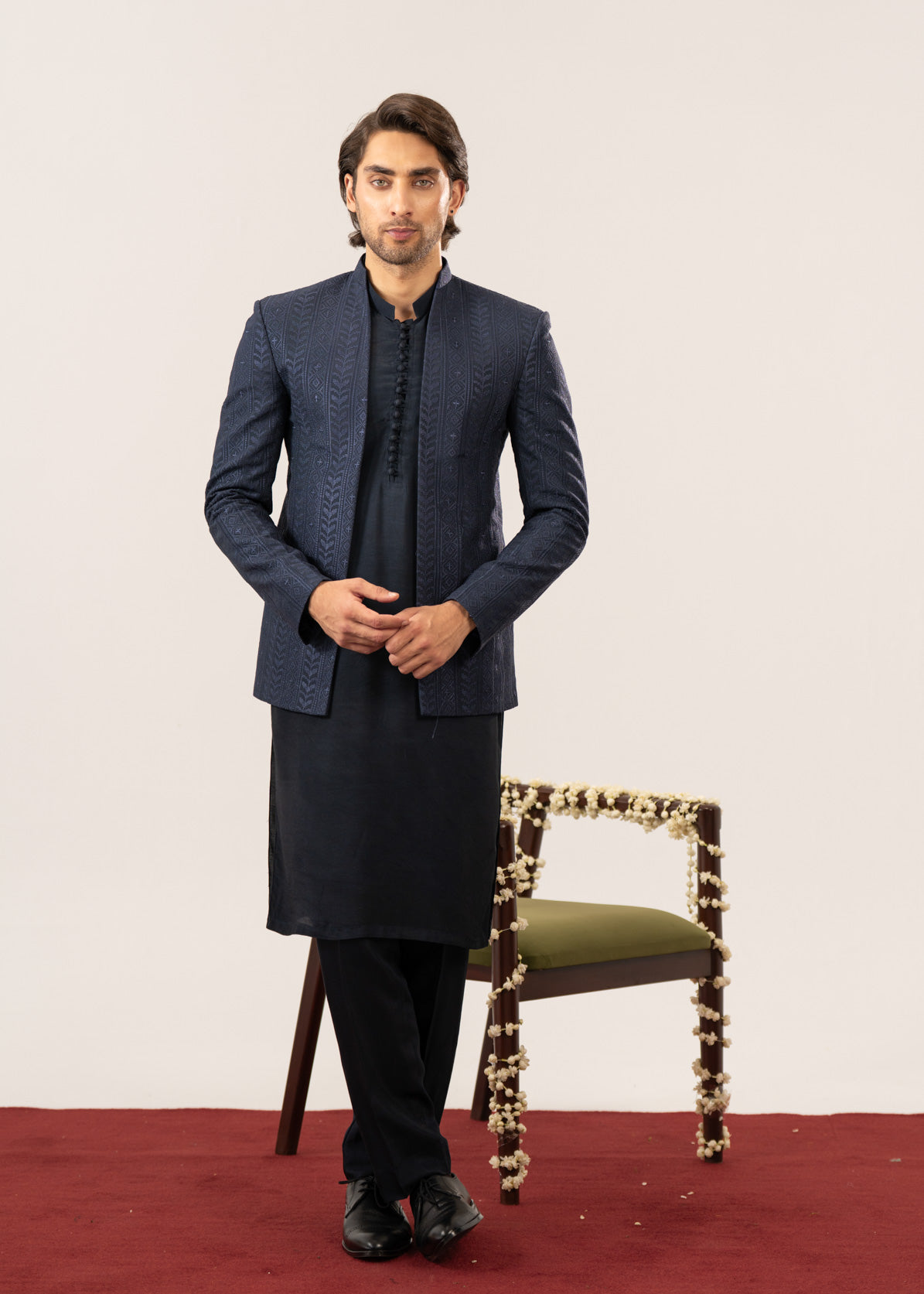 Navy Kurta Trouser with Embroidered Open Prince Coat - 3PC