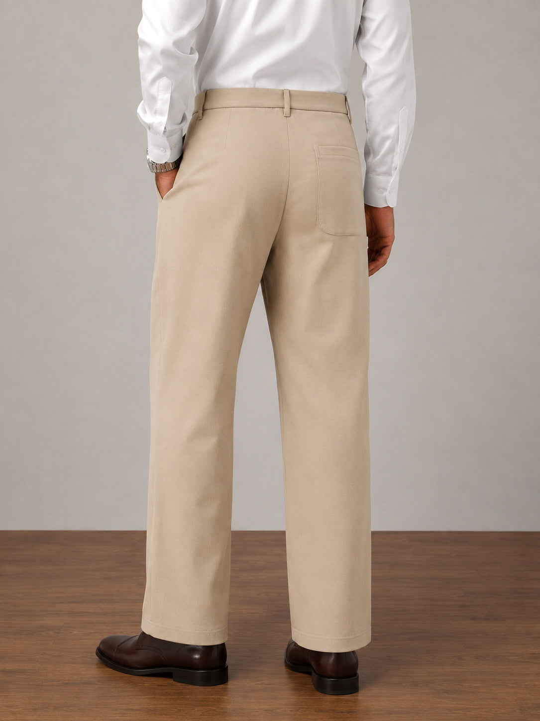Beige Pleated Straight Fit Pants  - Men
