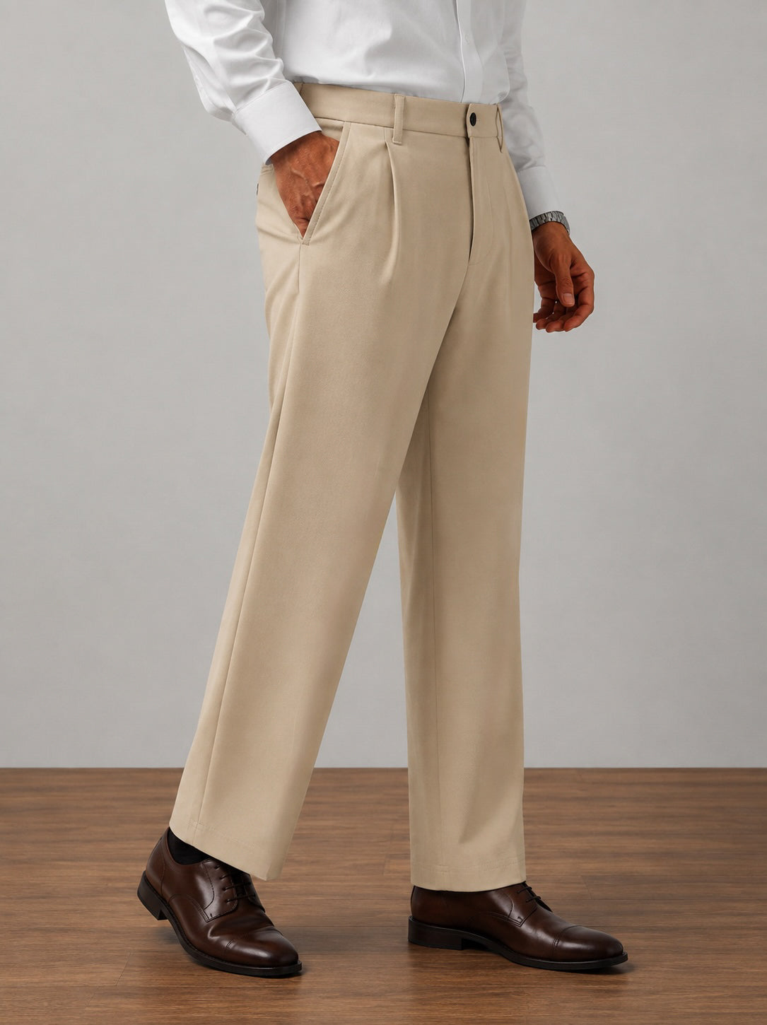 Beige Pleated Straight Fit Pants  - Men