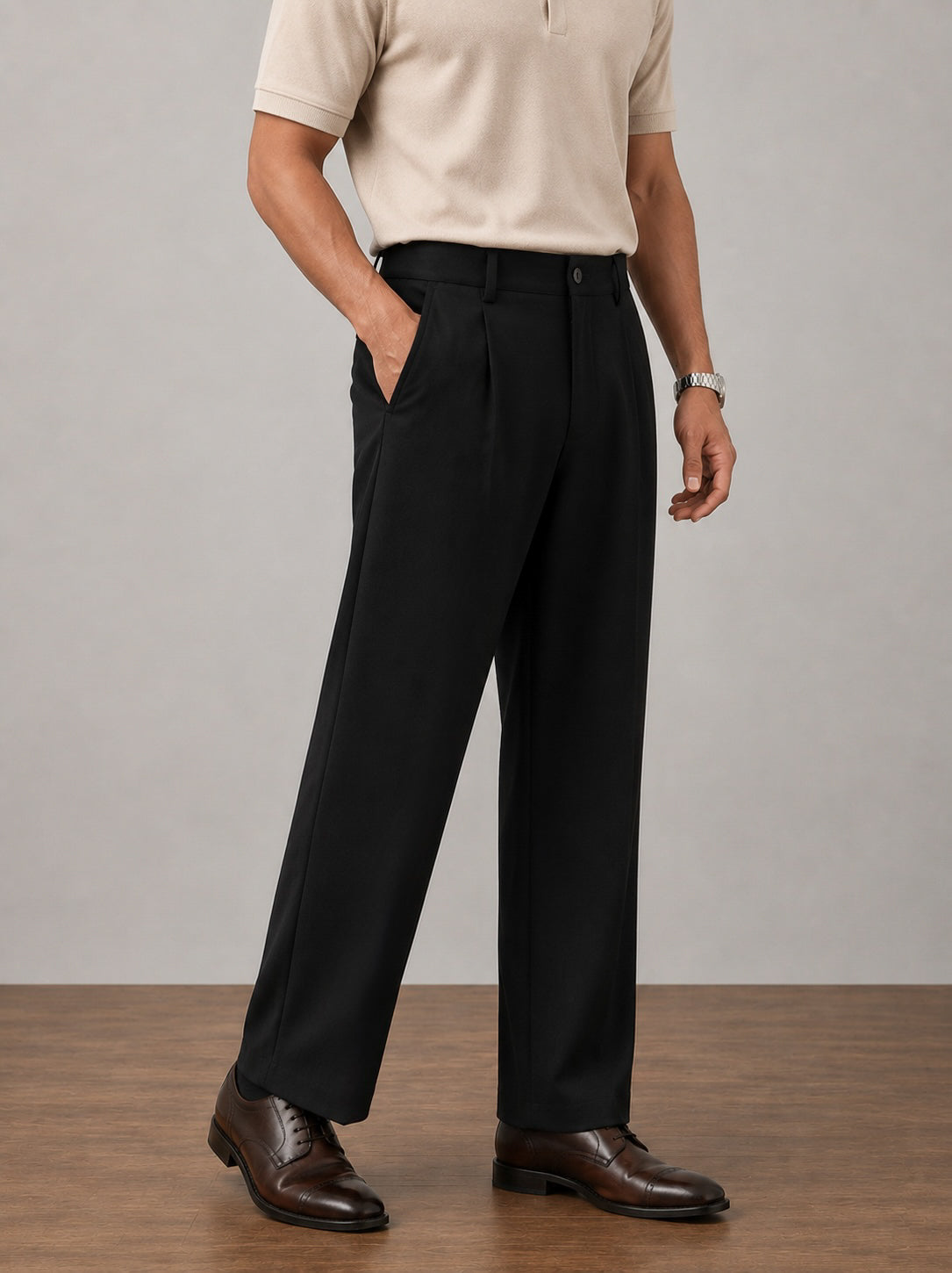 Black Pleated Straight Fit Pants  - Men