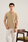 Textured Sand Beige Mesh Thermal Knit Polo - Smart Fit - Men