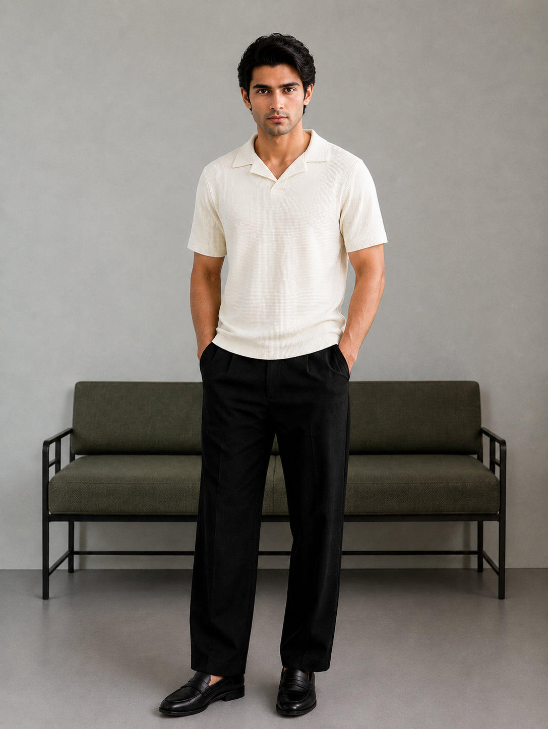 Off White Waffle Revere Polo - Smart Fit - Men - Men