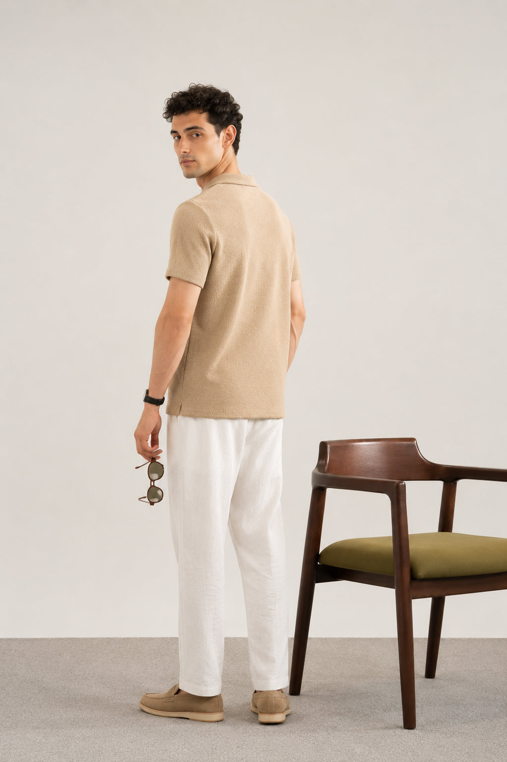 Textured Sand Beige Mesh Thermal Knit Polo - Smart Fit - Men - Men