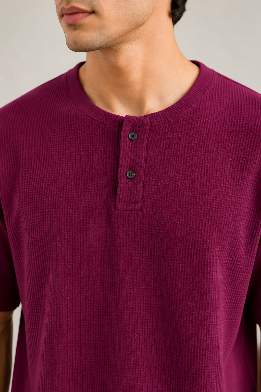 Plum Waffle Knit Oversized Henley Tee - Men - Men