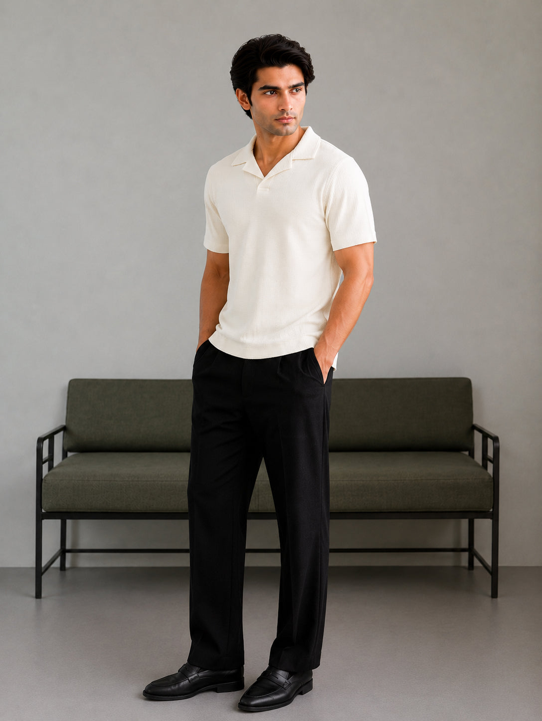 Off White Waffle Revere Polo - Smart Fit - Men - Men