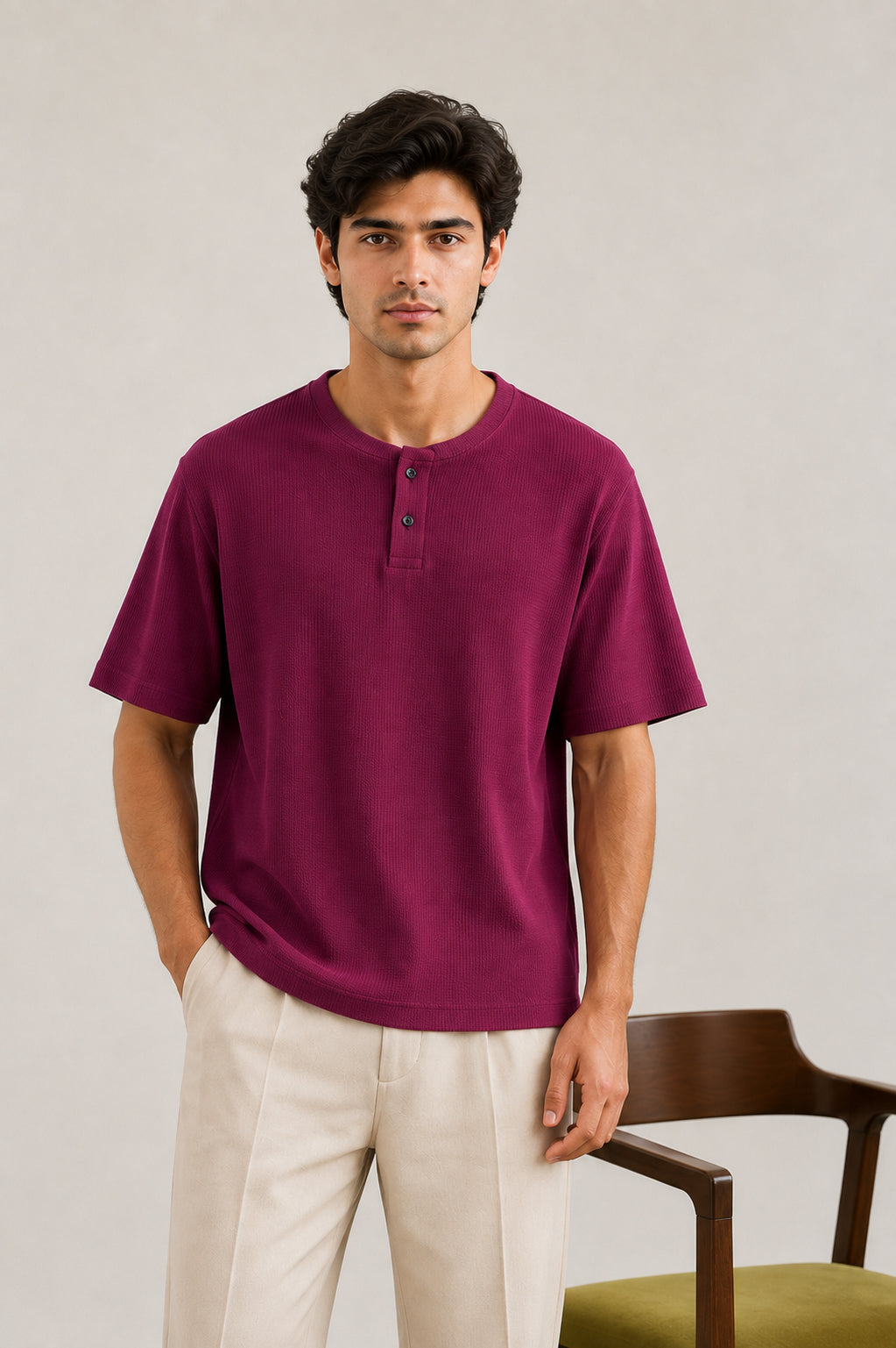Plum Waffle Knit Oversized Henley Tee - Men - Men