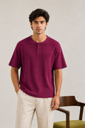 Plum Waffle Knit Oversized Henley Tee - Men