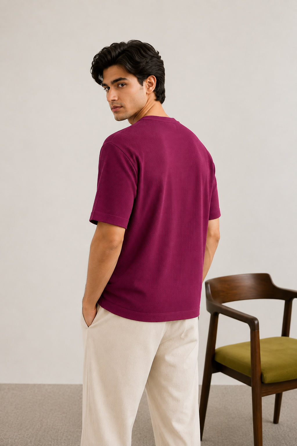 Plum Waffle Knit Oversized Henley Tee - Men - Men