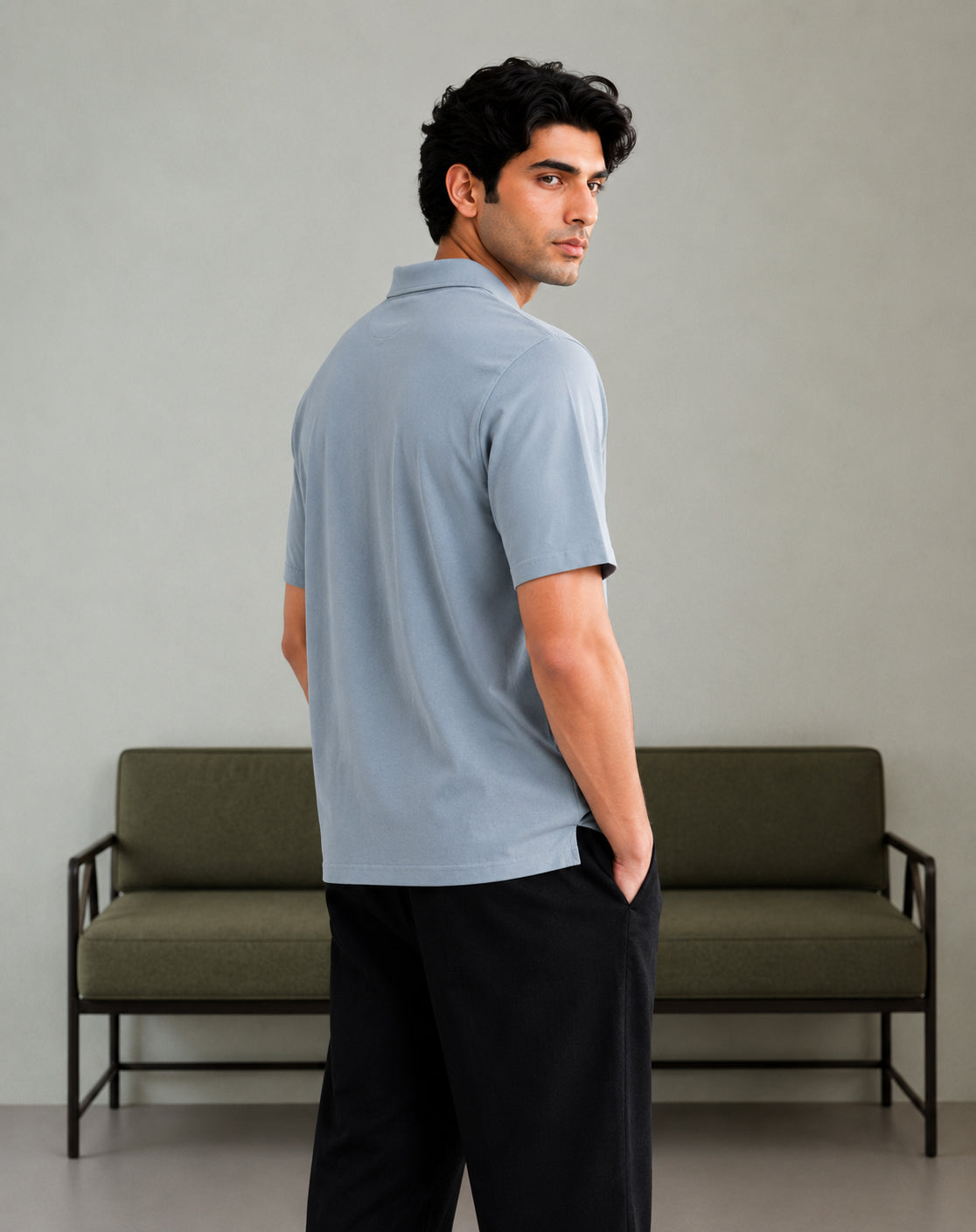 Sky Blue Basic Zipper Polo - Smart Fit- Men