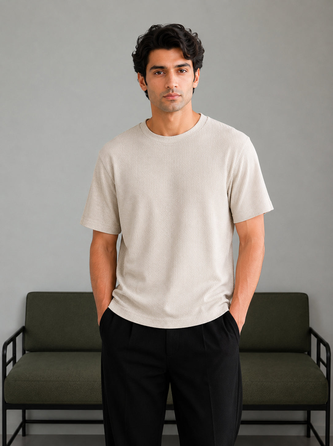 Off White Waffle Knit Oversized Tee - Men