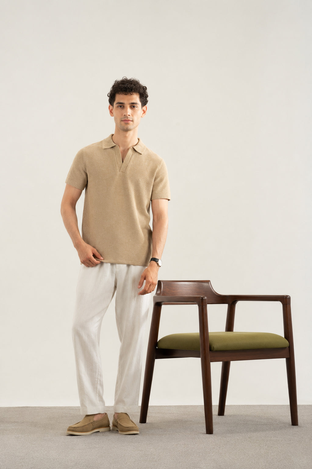 Textured Sand Beige Mesh Thermal Knit Polo - Smart Fit - Men - Men