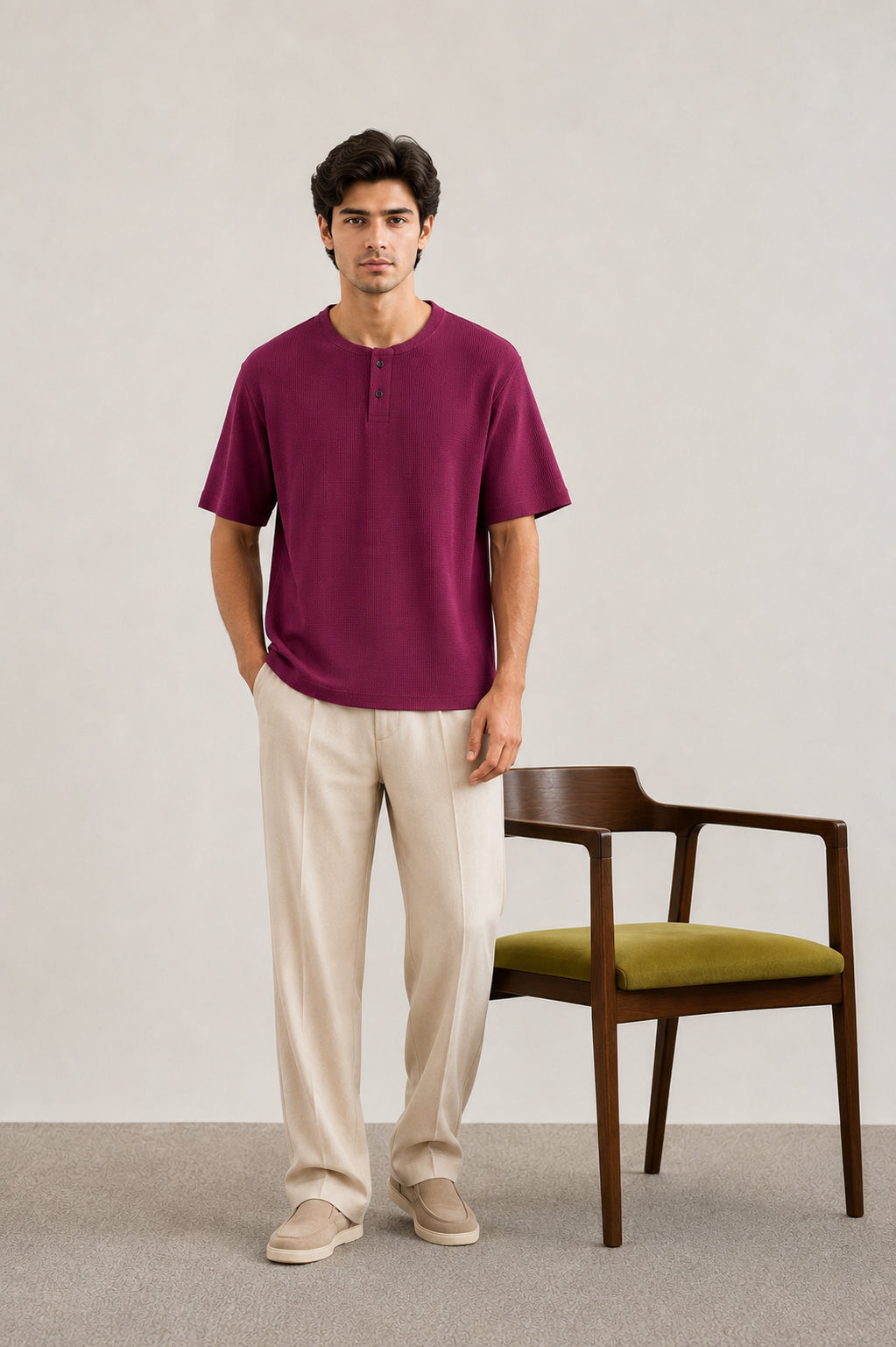 Plum Waffle Knit Oversized Henley Tee - Men - Men