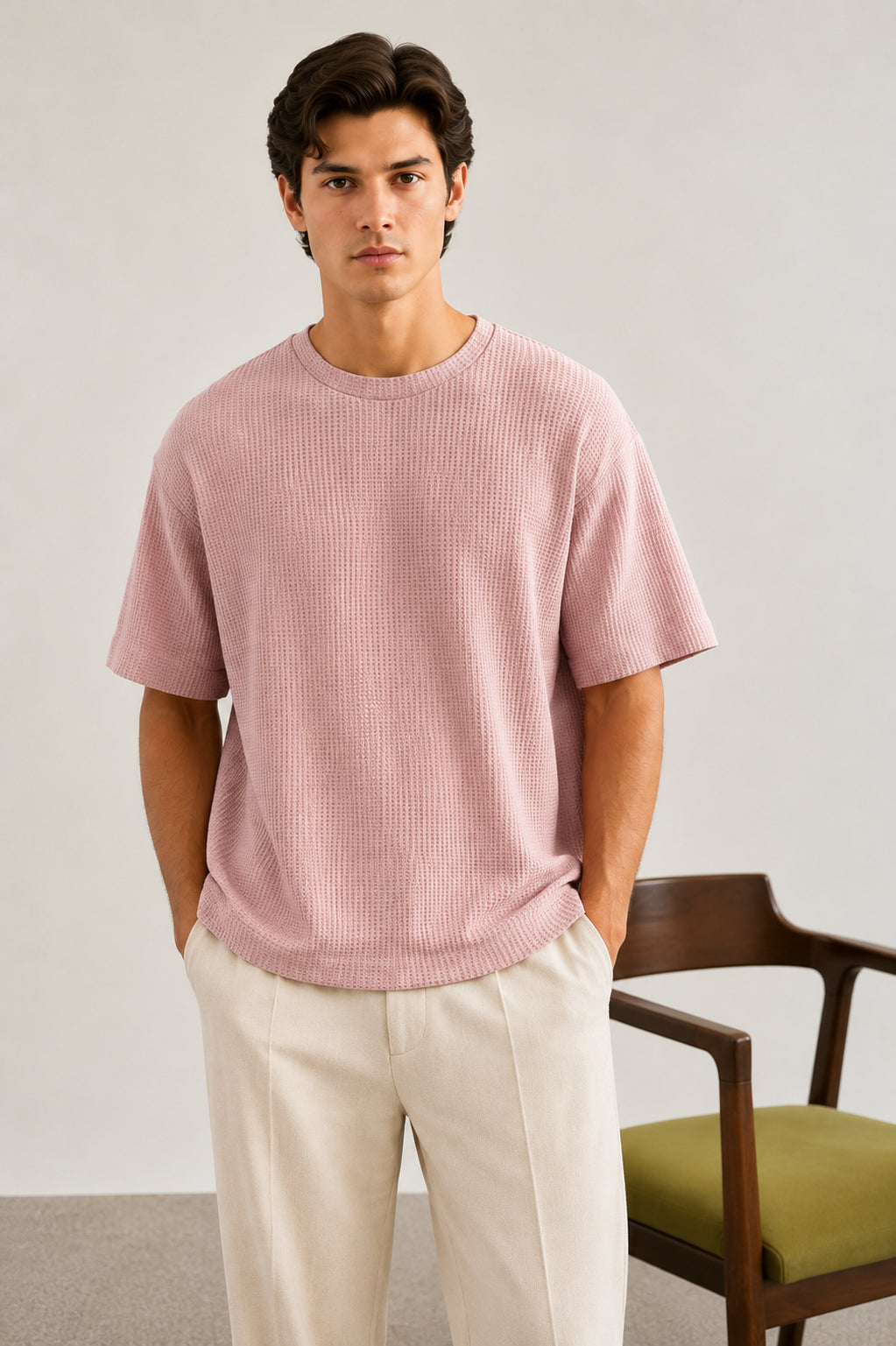 Pearl Pink Waffle Oversized Tee - Men