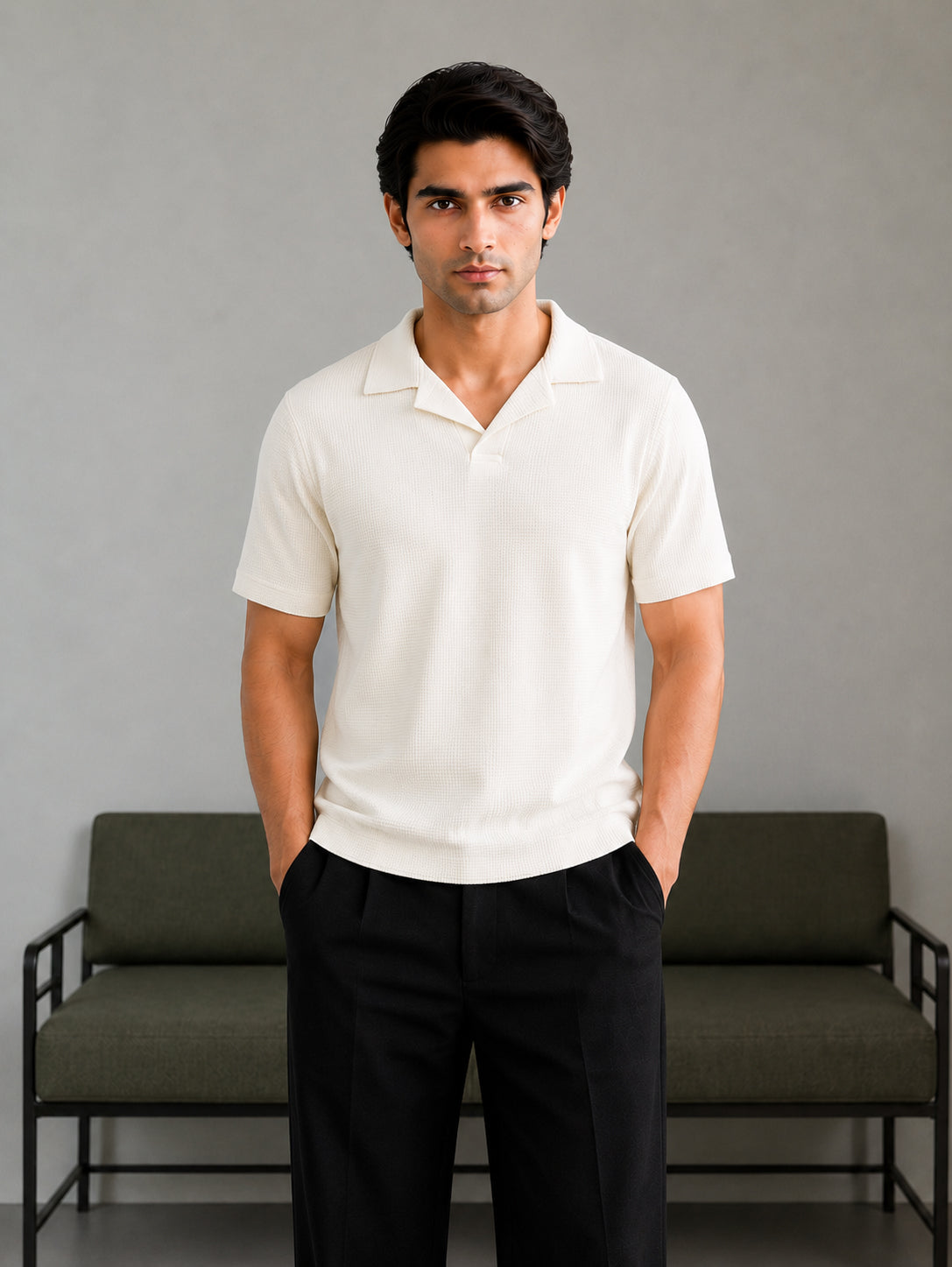 Off White Waffle Revere Polo - Smart Fit - Men - Men