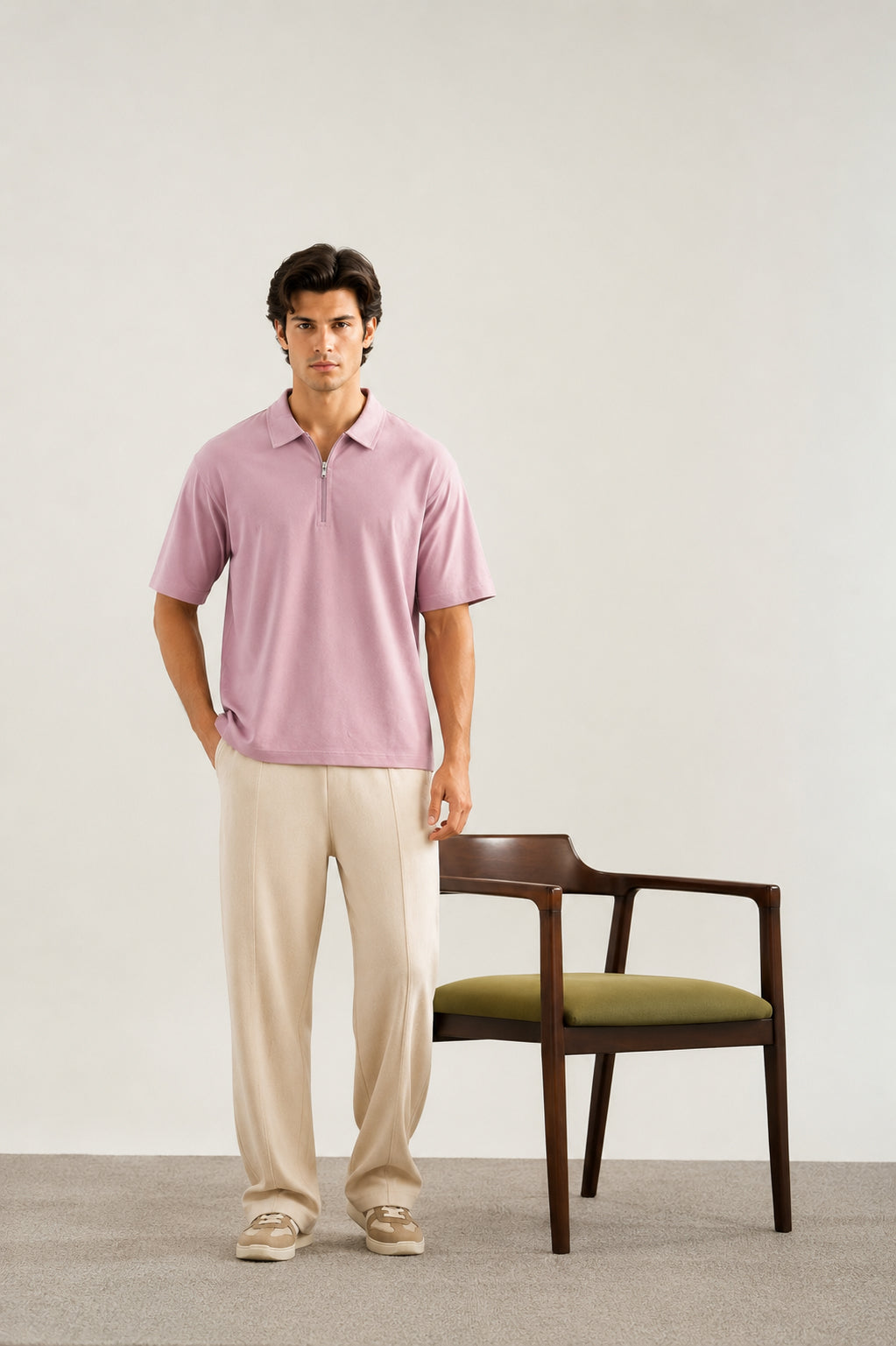 Light Pink Basic Zipper Polo - Smart Fit- Men
