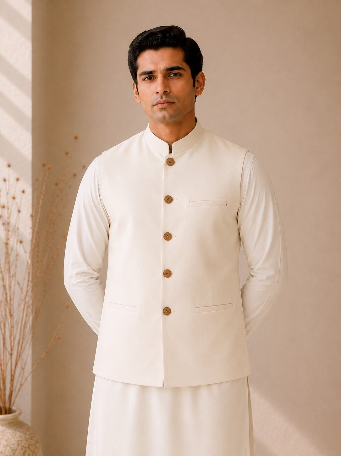 Bosky White Kurta Shalwar with Suiting Waistcoat - Straight Cut - Men - Men