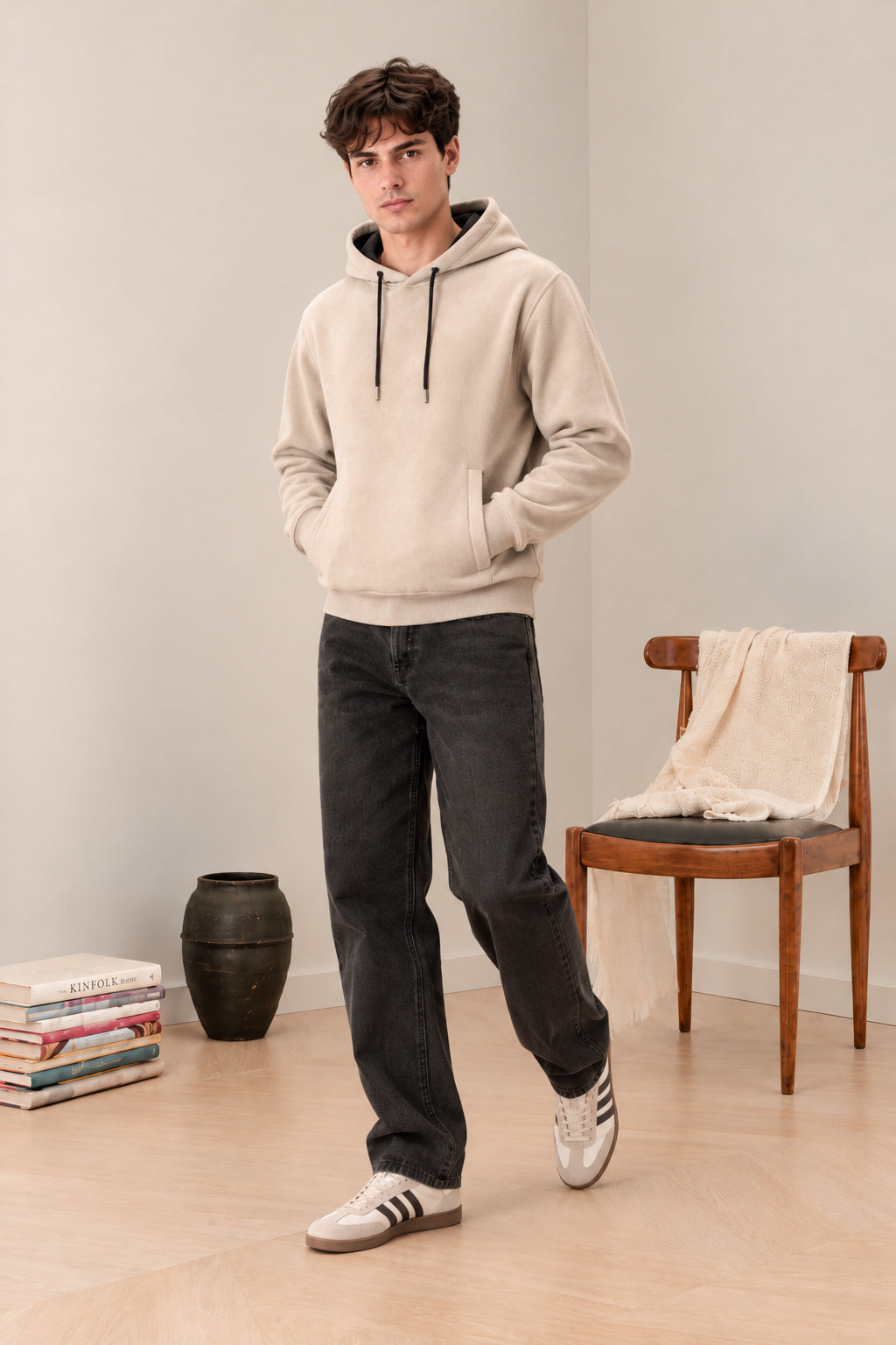 Beige Fleece Hoodie - Men