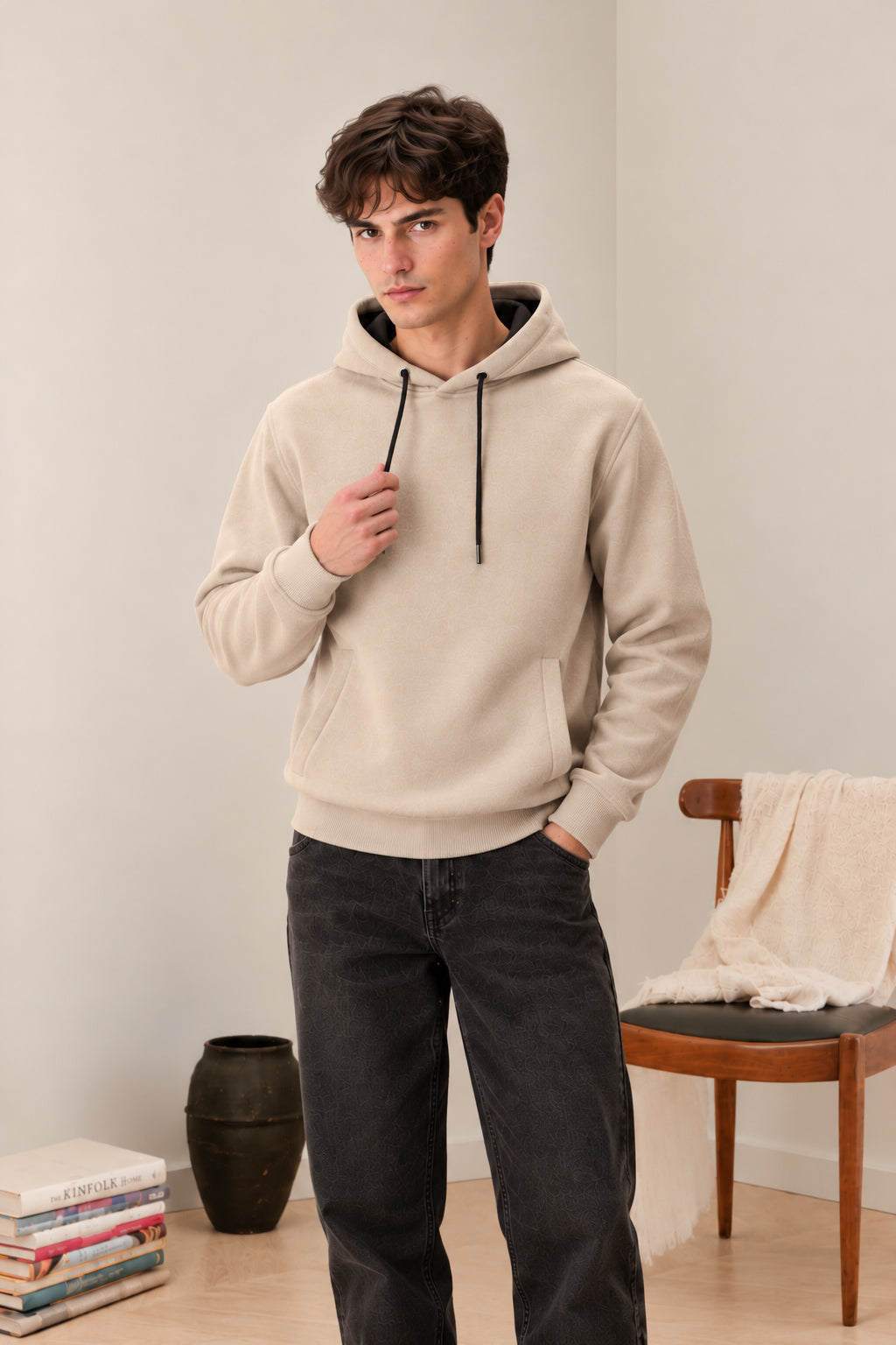 Beige Fleece Hoodie - Men