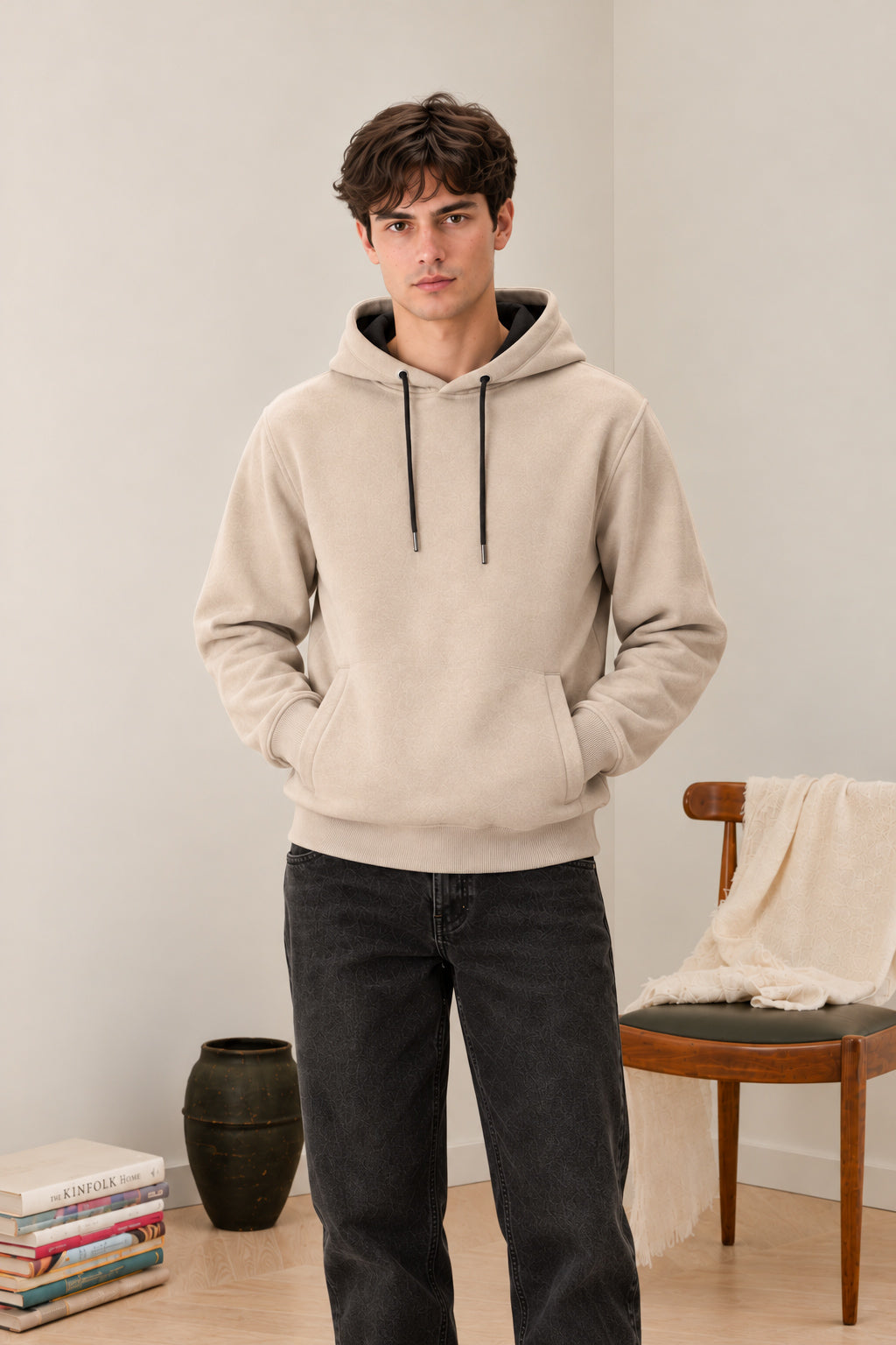 Beige Fleece Hoodie - Men