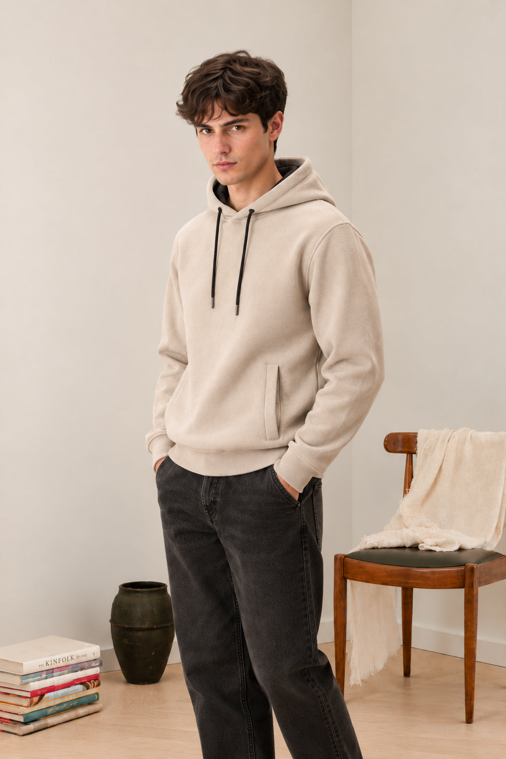 Beige Fleece Hoodie - Men