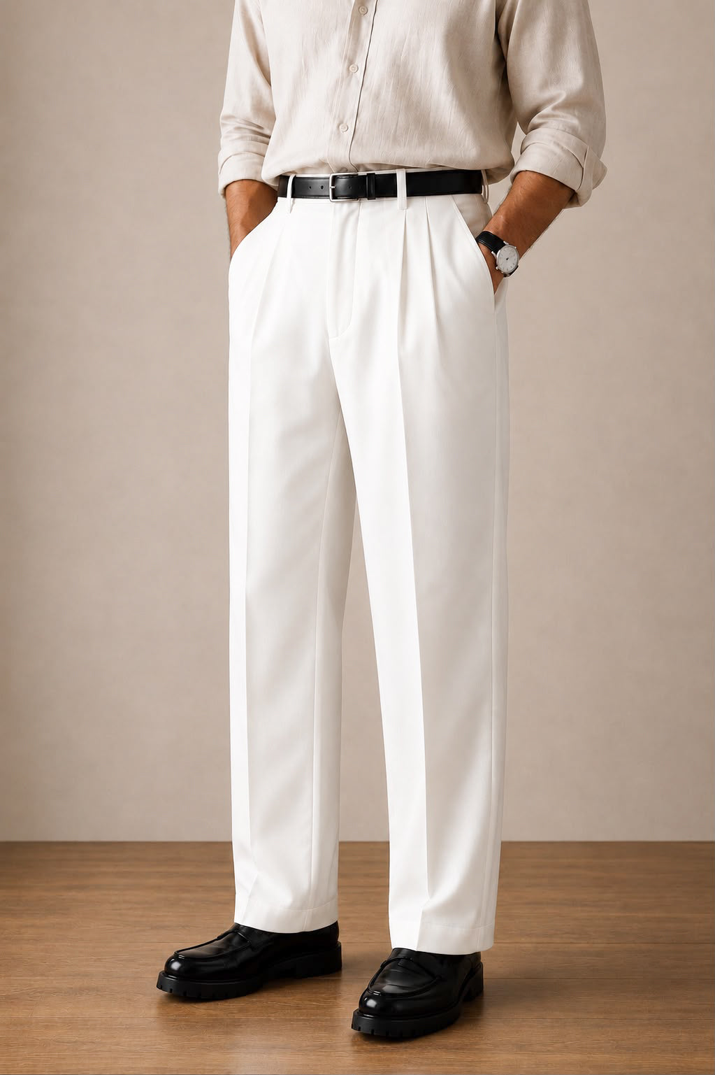 Off-White Double-Pleat Straight Dress Pants