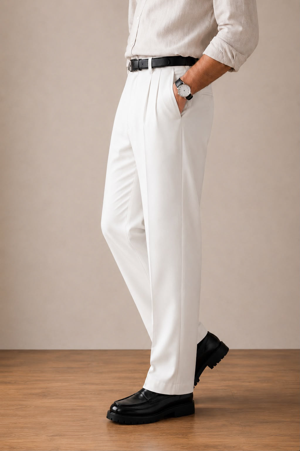 Off-White Double-Pleat Straight Dress Pants