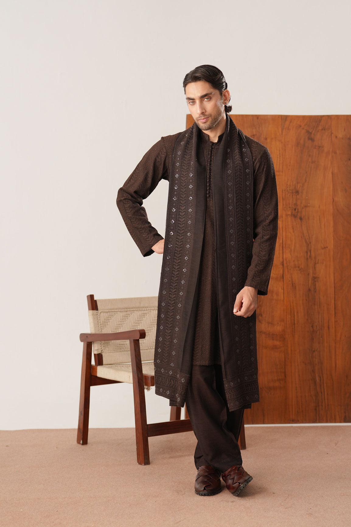 Riwaaj - Brown Raw Silk Embroidered Kurta Trouser
