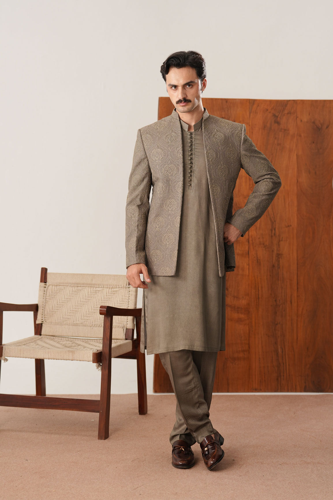 Taupe Kurta Trouser with Embroidered Open Prince Coat - 3PC