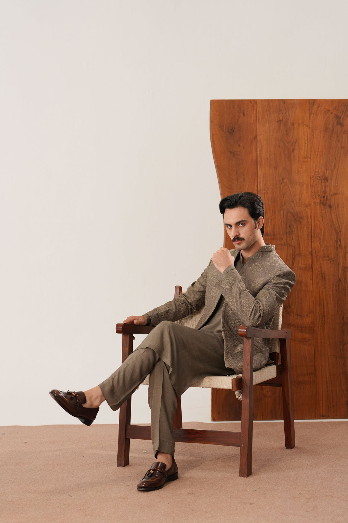 Taupe Kurta Trouser with Embroidered Open Prince Coat - 3PC