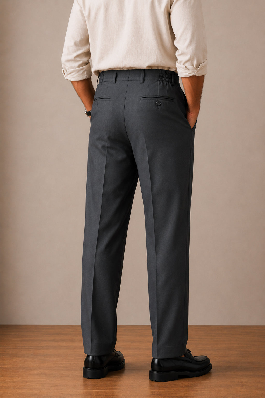 Grey Side Elasticated Double-Pleat Straight Dress Pants