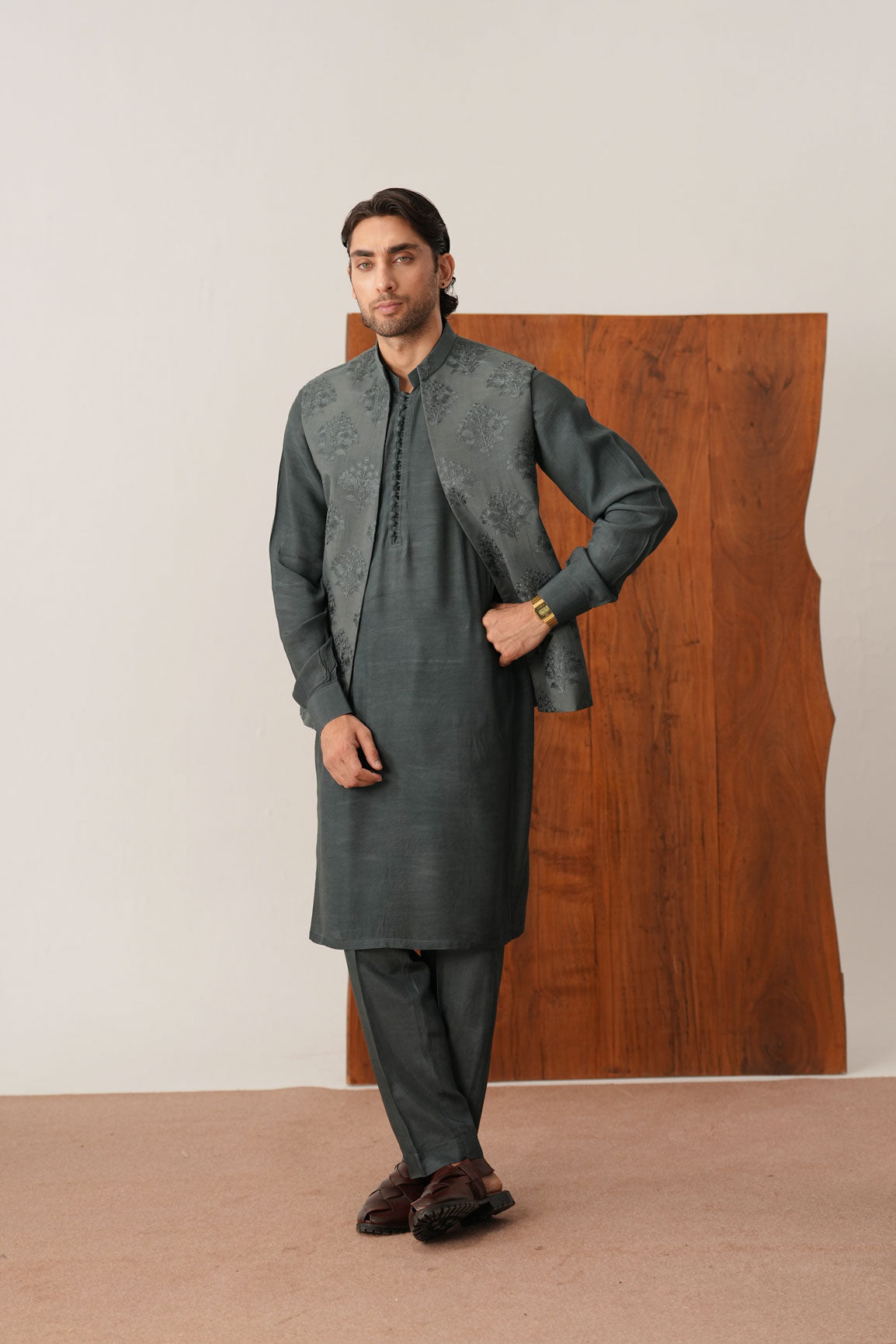 Army Green Kurta Trouser with Open Embroidered Waistcoat  - 3PC
