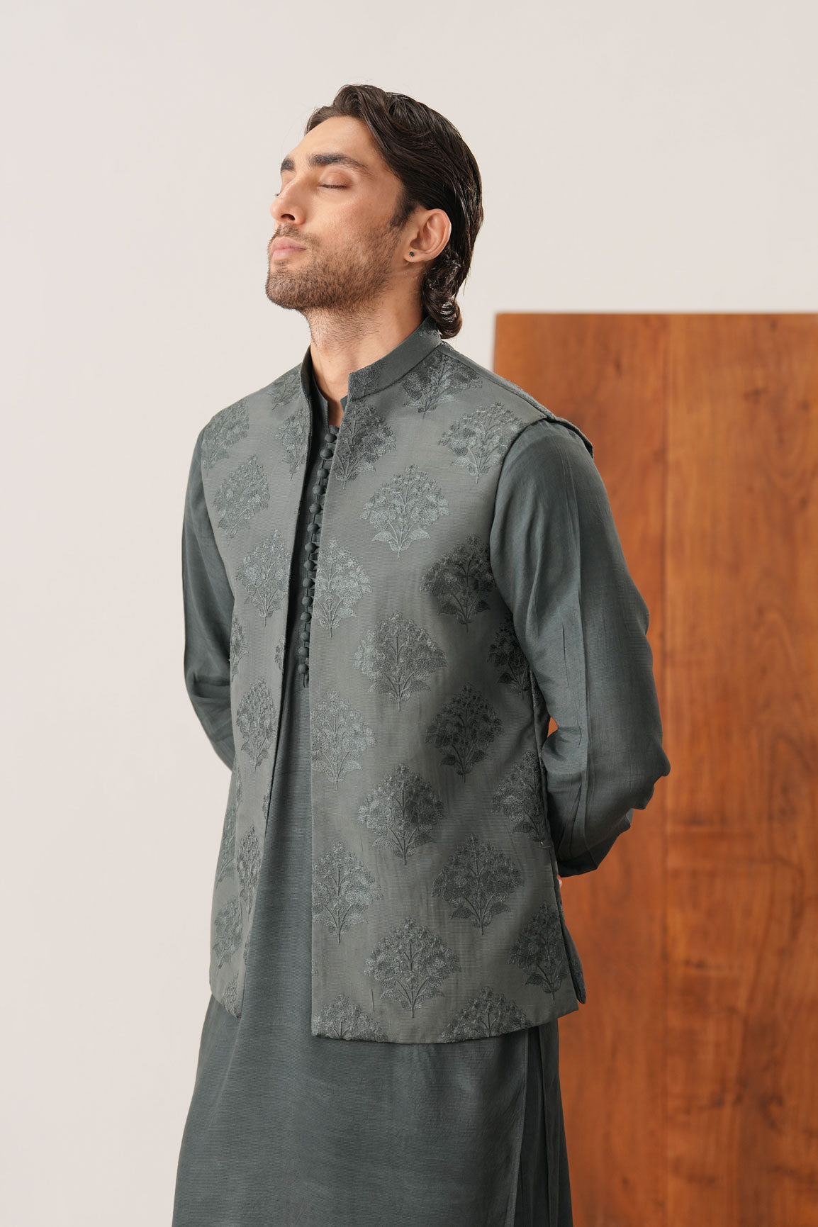 Army Green Kurta Trouser with Open Embroidered Waistcoat  - 3PC