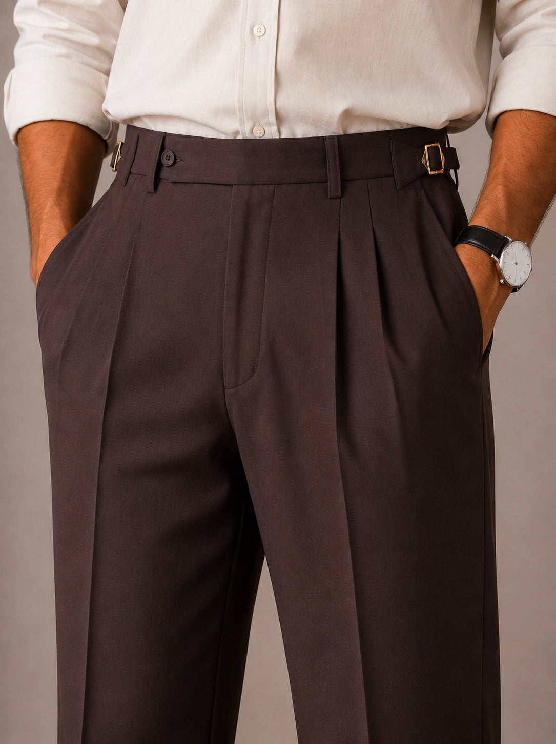 Brown Buckle Waist Double-Pleat Straight Dress Pants