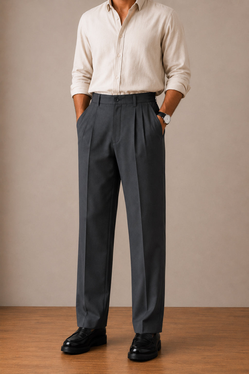 Grey Side Elasticated Double-Pleat Straight Dress Pants