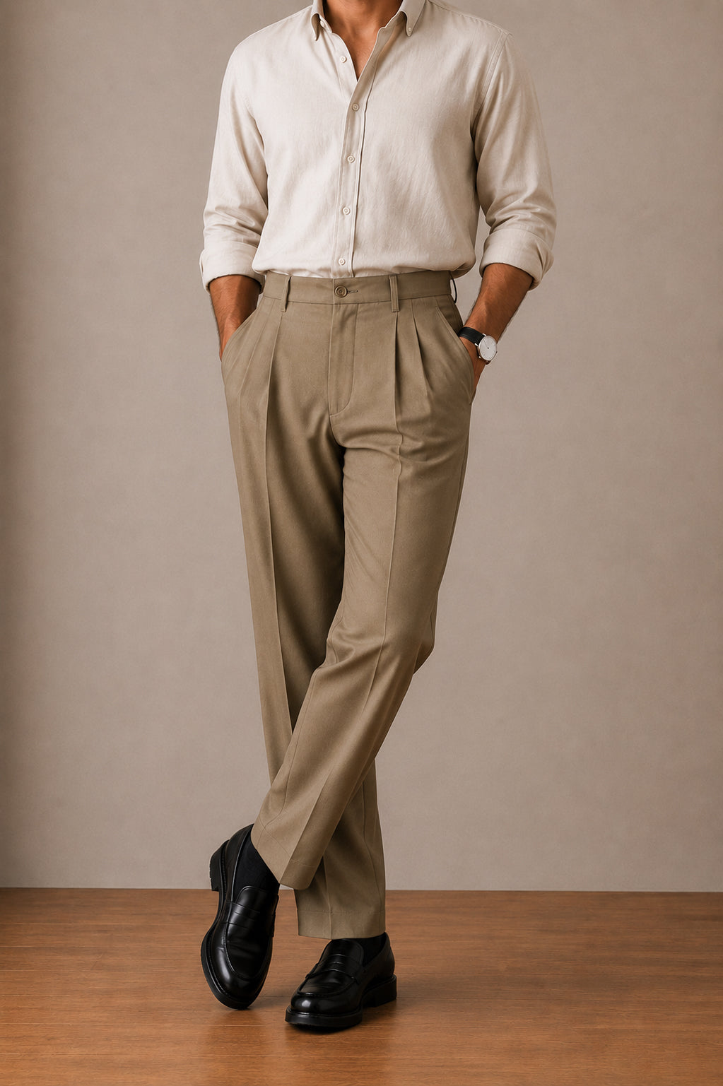 Camel Double-Pleat Straight Dress Pants