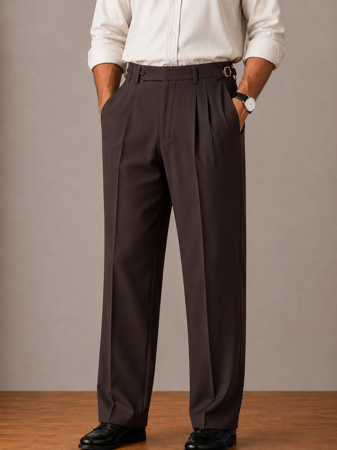 Brown Buckle Waist Double-Pleat Straight Dress Pants