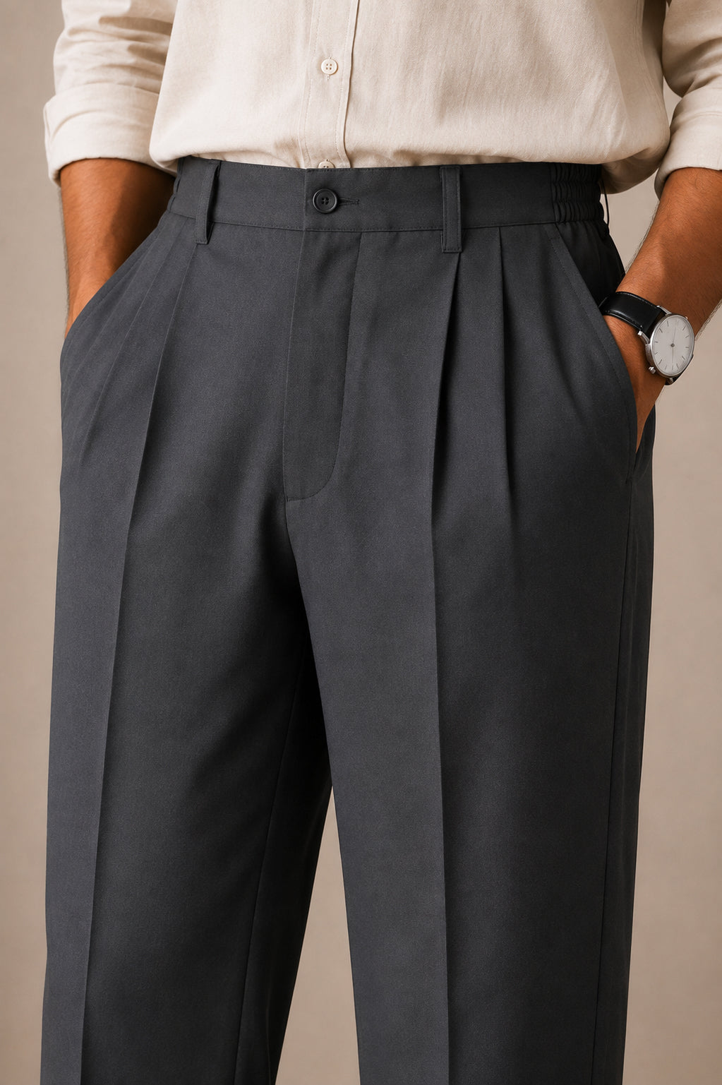 Grey Side Elasticated Double-Pleat Straight Dress Pants