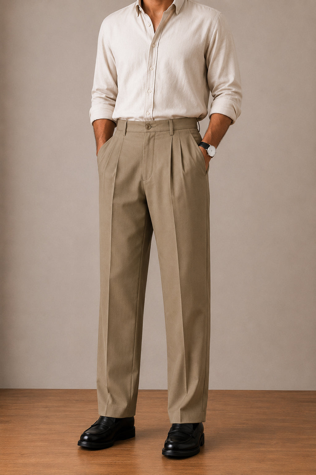 Camel Double-Pleat Straight Dress Pants