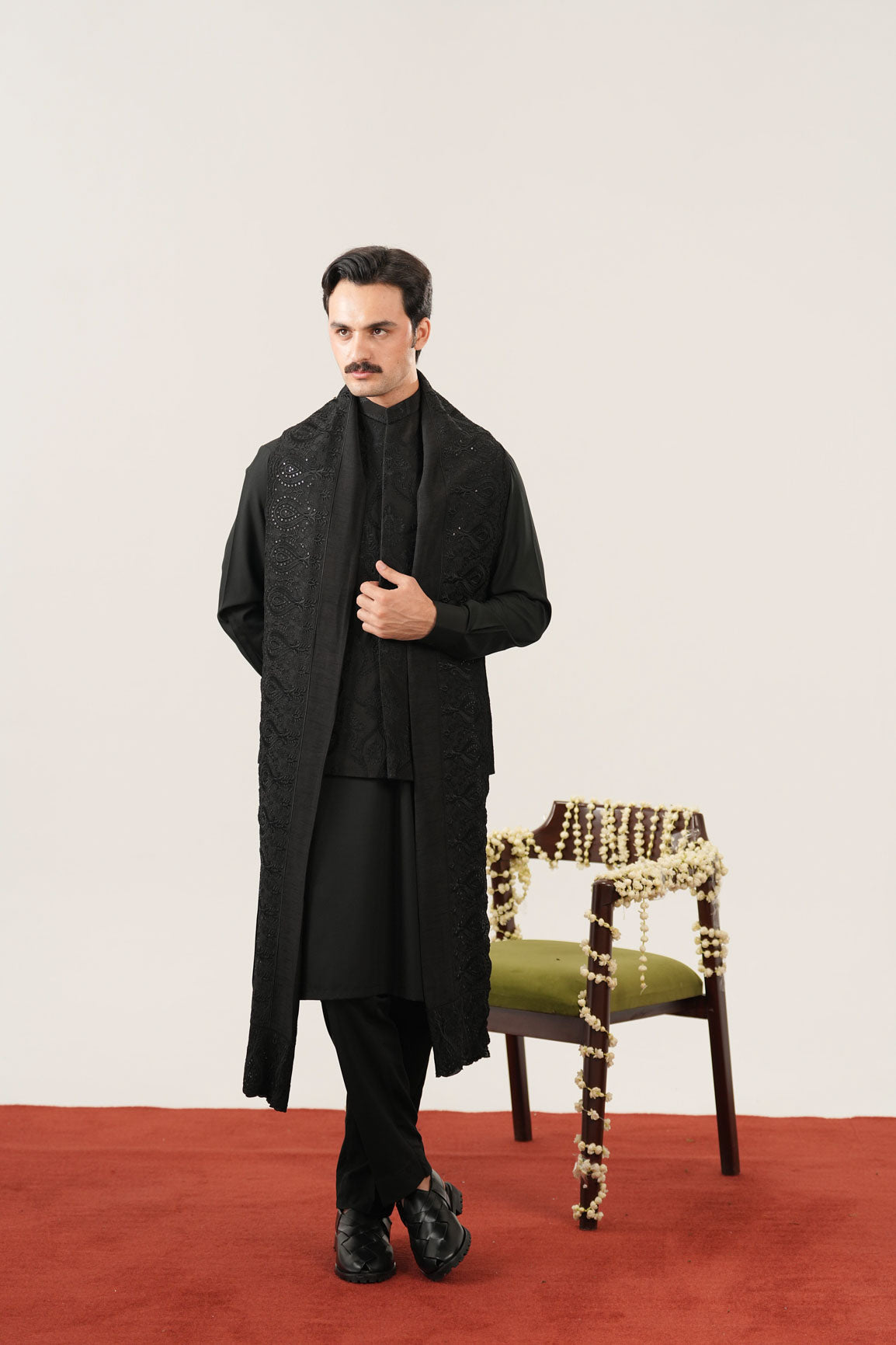 Black Kurta Trouser with Embroidered Waistcoat - 3PC
