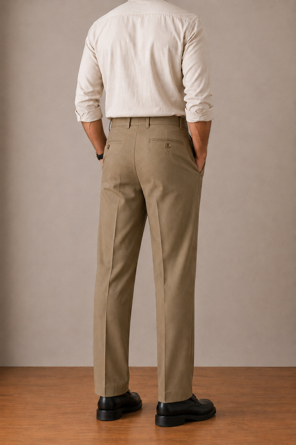 Camel Double-Pleat Straight Dress Pants