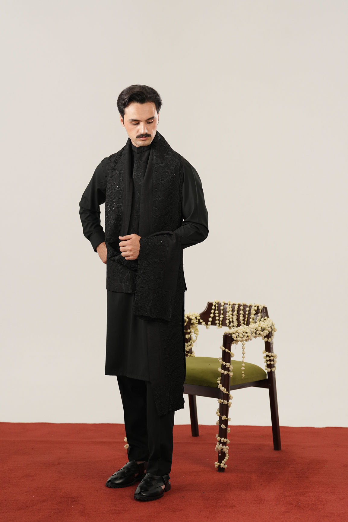 Black Kurta Trouser with Embroidered Waistcoat - 3PC