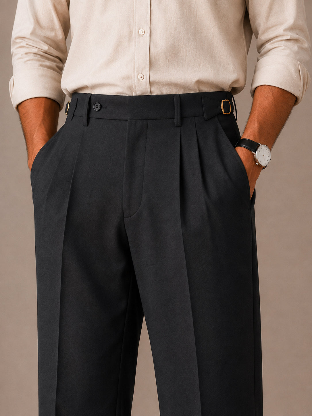 Grey Buckle-Waist Double-Pleat Straight Dress Pants