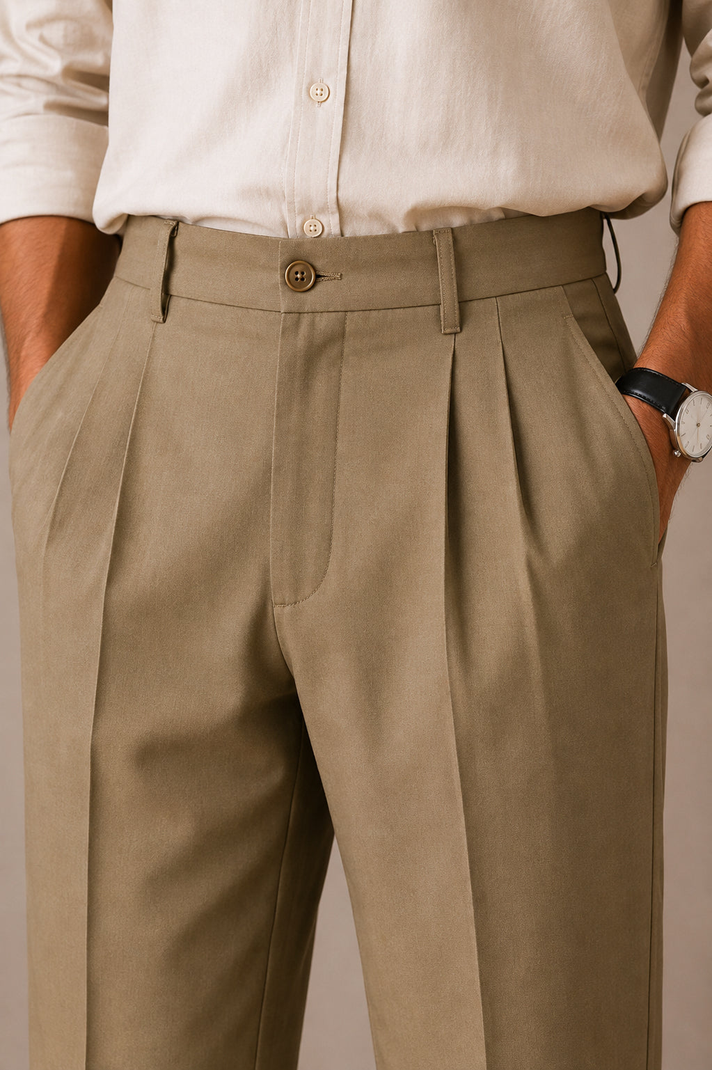 Camel Double-Pleat Straight Dress Pants