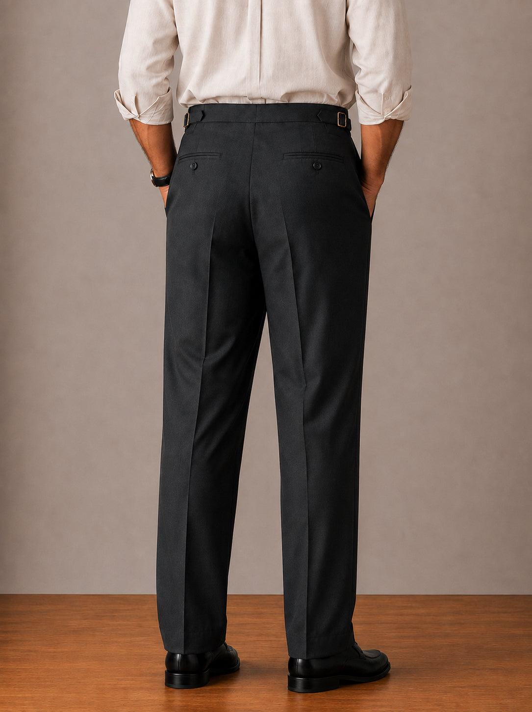 Grey Buckle-Waist Double-Pleat Straight Dress Pants