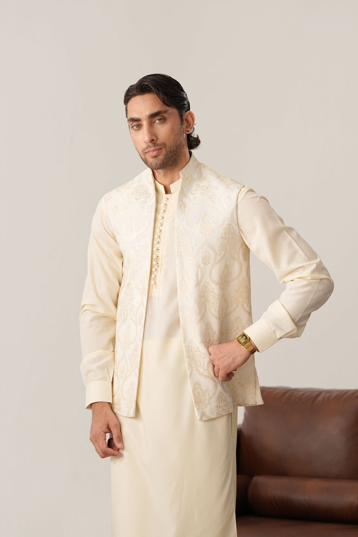 Bosky White Kurta Trouser with Open Embroidered Waistcoat  - 3PC