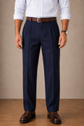Navy Double-Pleat Straight Dress Pants