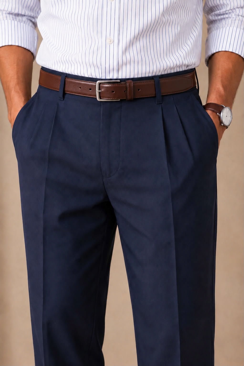 Navy Double-Pleat Straight Dress Pants