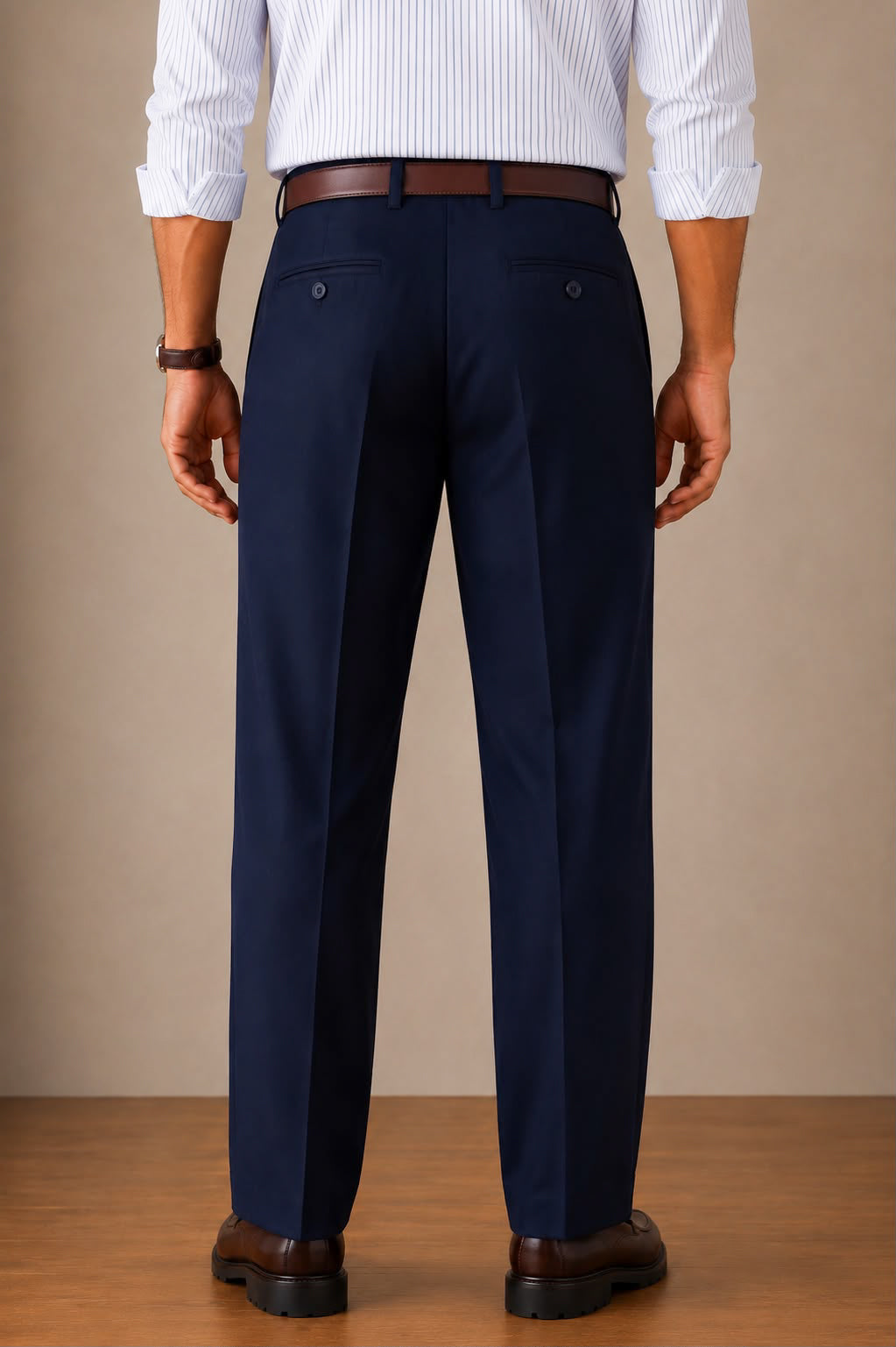 Navy Double-Pleat Straight Dress Pants